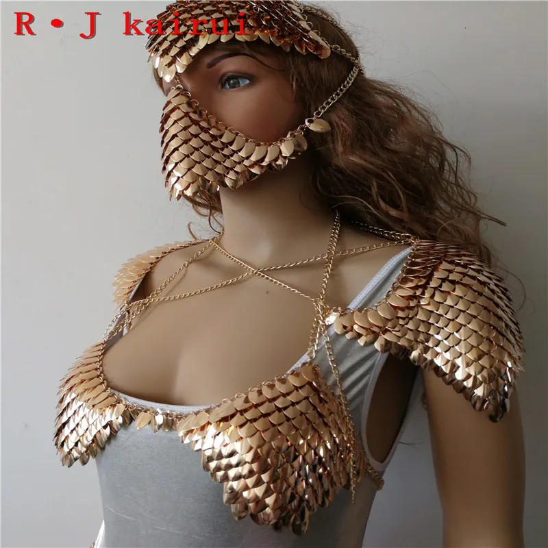 Burning Man Silver Rhinestone Shoulder Pads Armor, Bodychain