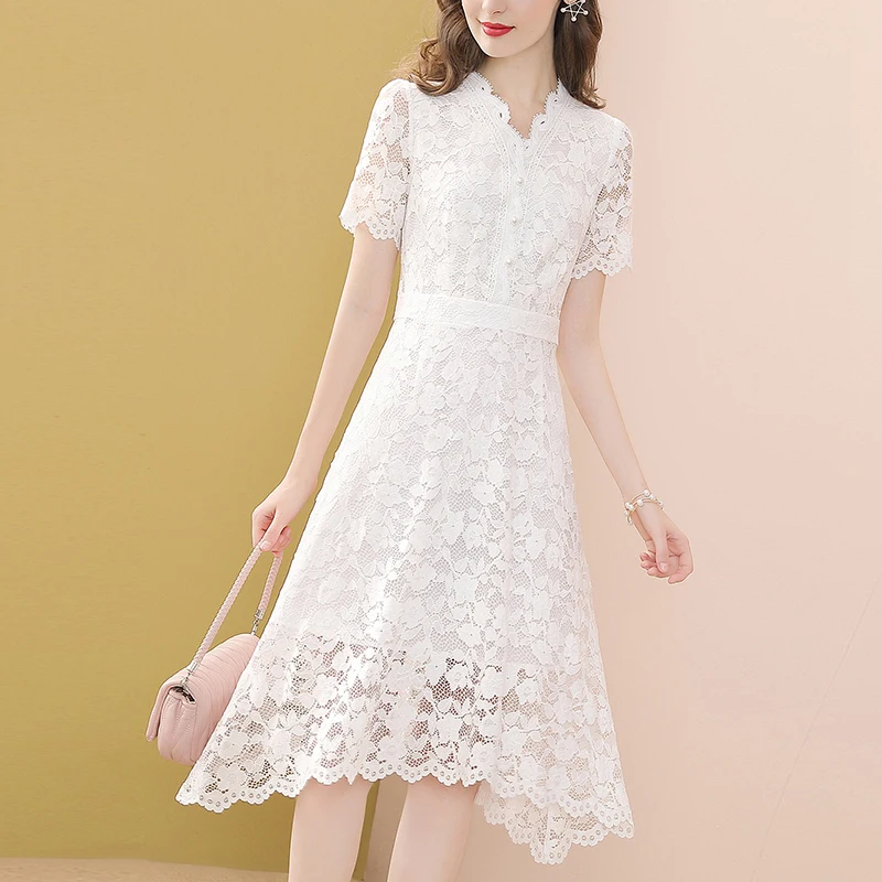 White Lace Dress For Women Short Sleeve 