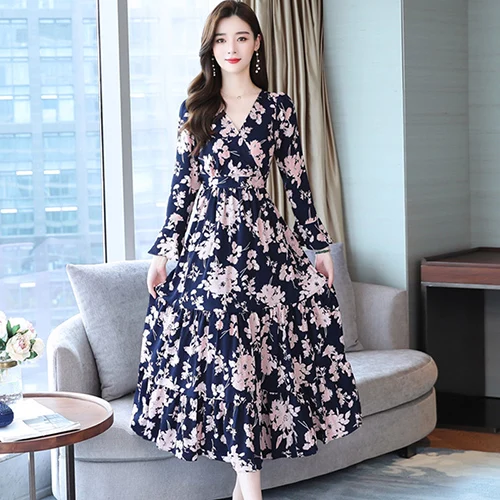 Autumn Casual Female Floral Chiffon 