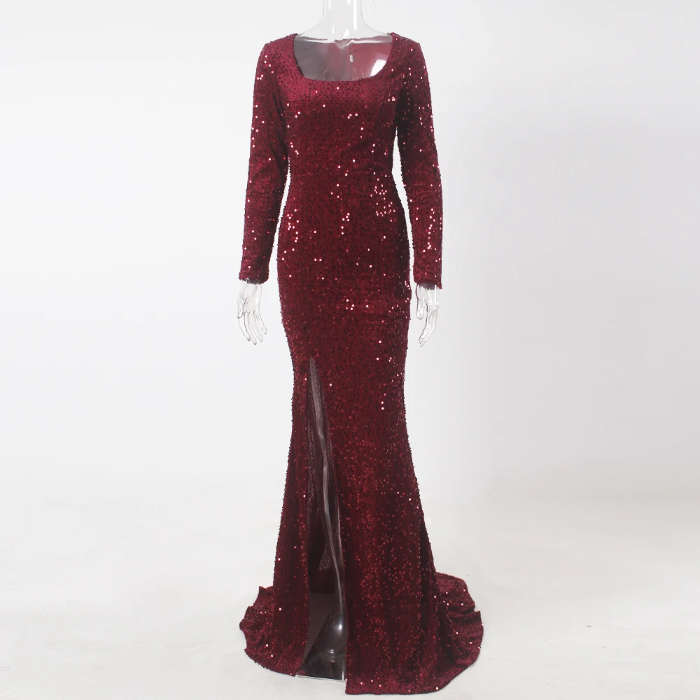 Unauthorized Spoil Committee Αγορά Φορέματα | Burgundy Shiny Sequined Velvet Long Party Dress Full  Sleeved Square Neck Mermaid Evening Party Dress