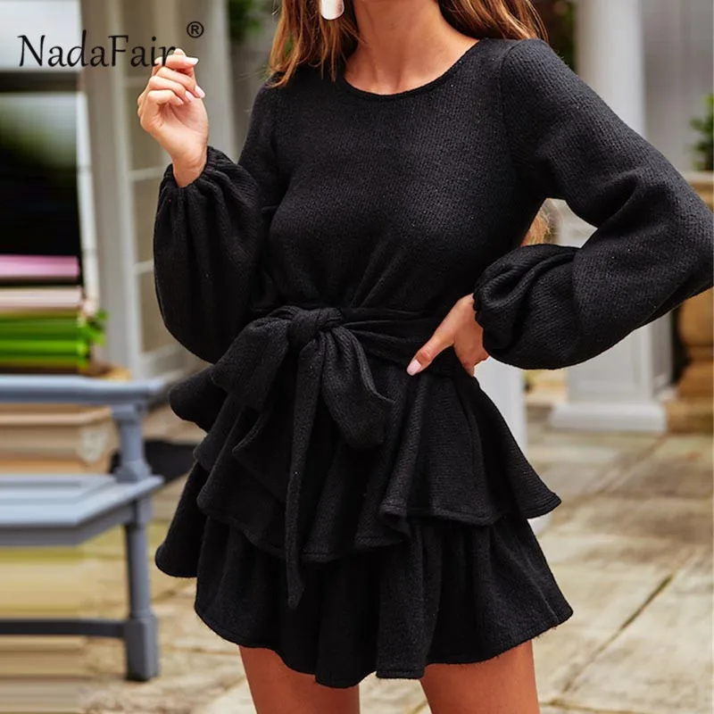 Nadafair Long Sleeve Ruffle Wrap Dress 