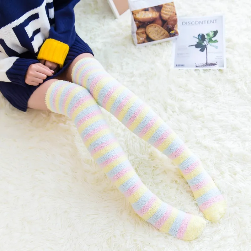 Soft Coral Fleece Knee Socks Winter Warm Girl Women Cute Cartoon Animal Stockings Striped Cozy Thigh High Christmas-animated-img