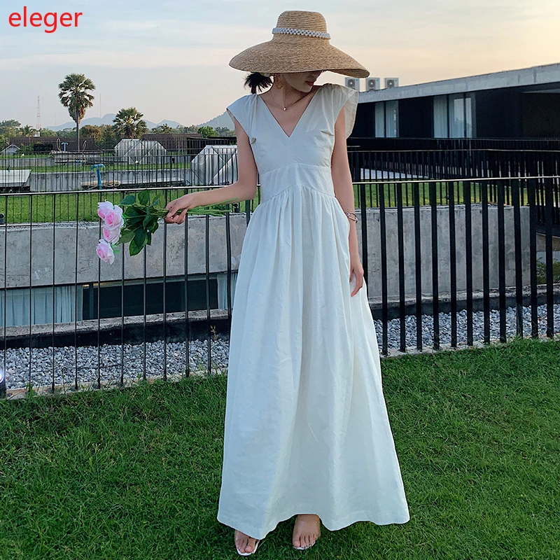 Maxi White Backless Women Linen Dress 
