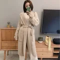 V-neck cashmere cardigan women's medium and long Hoodie thickened lazy sweater twisted flower loose tie coat thick preview-4