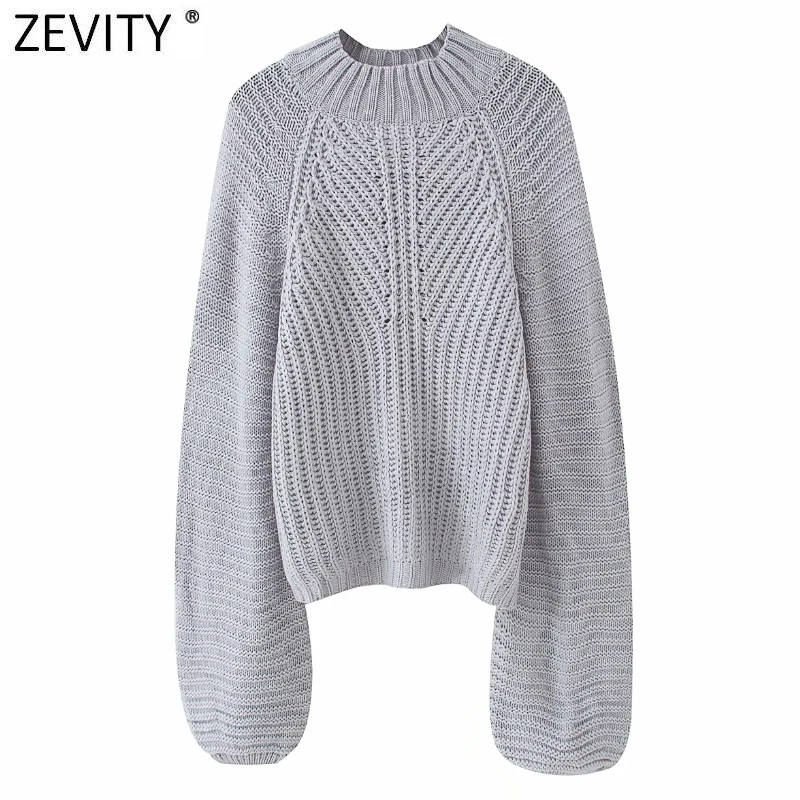 Zevity Women Vintage Stand Collar Patchwork Casual Knitting Sweater Female Chic High Street Lantern Sleeve Pullovers Tops SW948