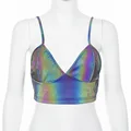 Women V Neck Sexy Holographic Bralette Crop Top Strap Reflective Fashion Camis Hot Summer 2021 Sleeveless Backless Tank Tops preview-4