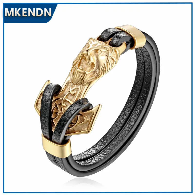 MKENDN Mens Bracelets 18k Plated Leo Lion Stainless Steel Anchor Shackles Black Leather Bracelet Cuff Wristband Fashion Jewelry-animated-img