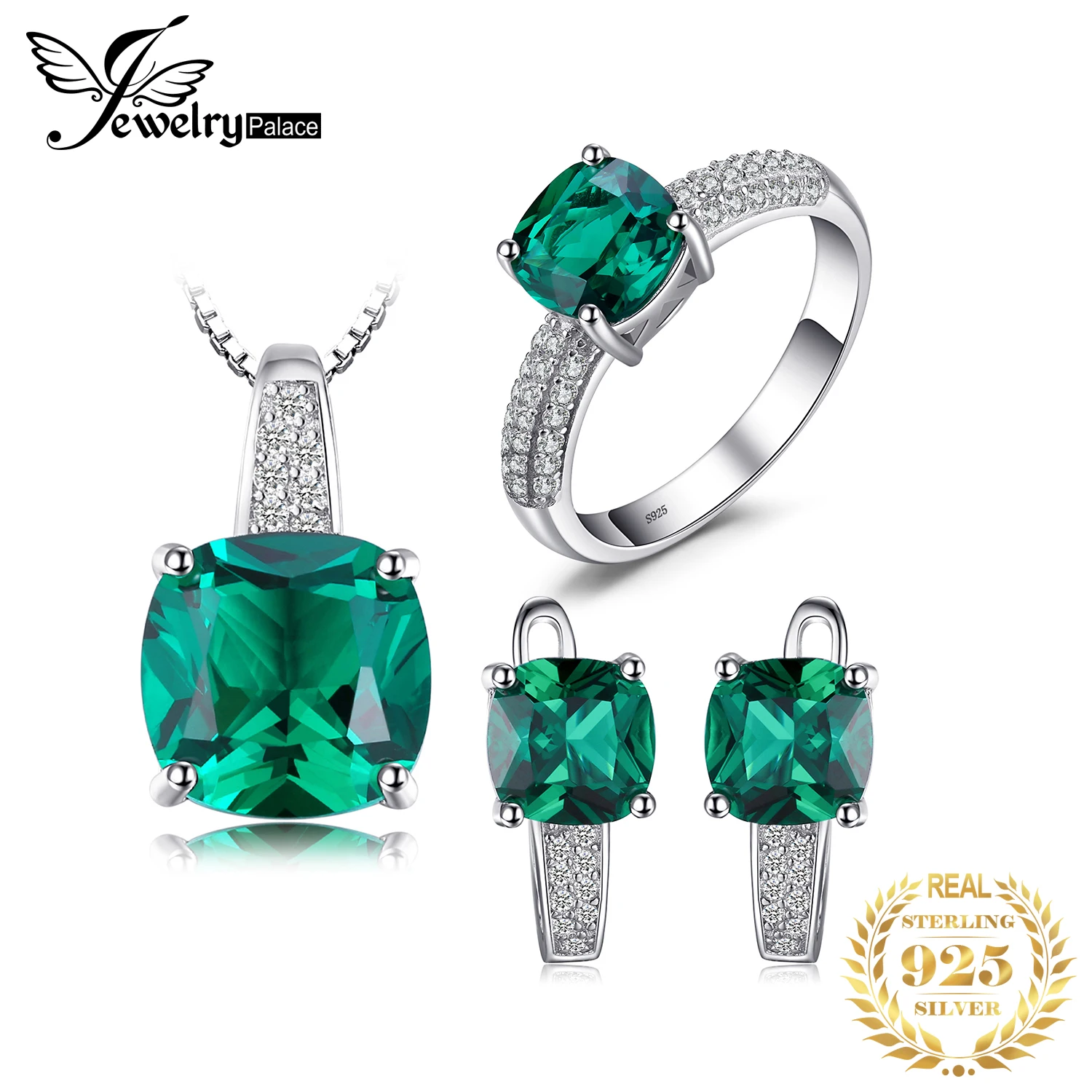JewelryPalace Simulated Green Emerald Ring Pendant Hoop Earrings Gemstone Jewelry Sets 925 Sterling Silver Wedding Women Jewelry-animated-img