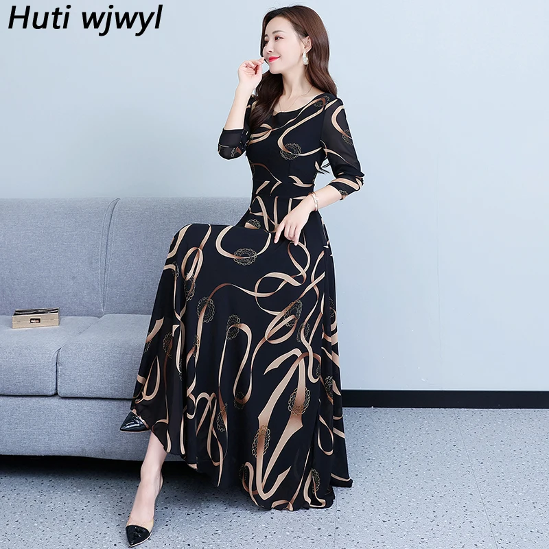 Autumn Winter Black Print Chiffon Maxi 