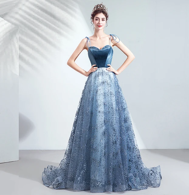 Cumpără Rochii de seară | New Banquet Elegant Long Evening Dress Luxury Star Blue Sweetheart Sweep Prom Formal Gown Robe De