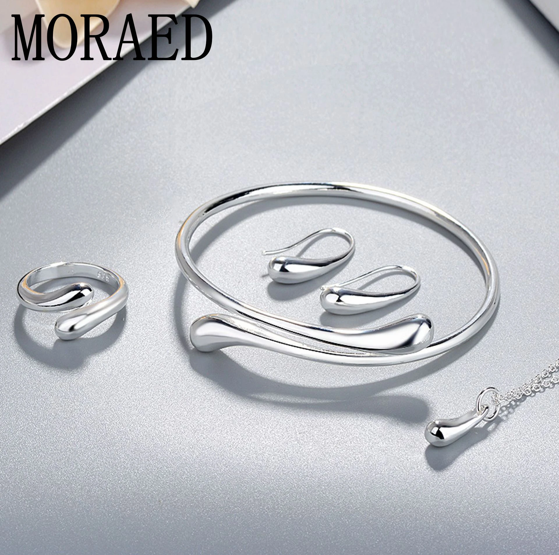 Fashion Wedding Bridal Jewelry Set 925 Sterling Silver Water Drop Necklace Bangles Rings Earrings Sets For Women Party Gifts-animated-img