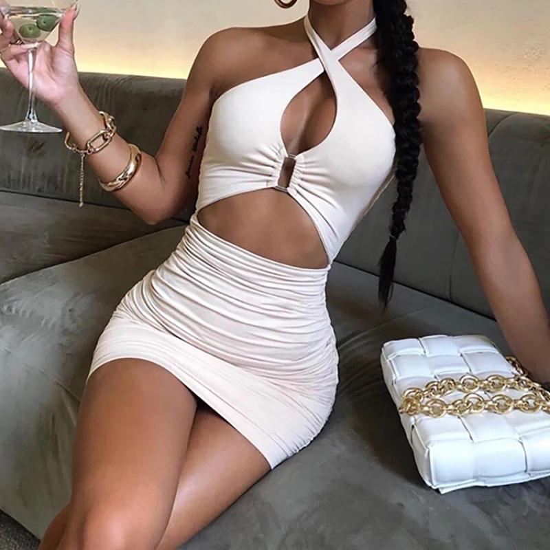 Tinastyle Halter Sexy Backless Summer Dress Women Sleeveless Hollow Out Bodycon Mini Dress Vestidos Casual Party Nightclub Dress