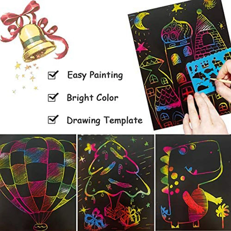 DIY Magic Rainbow Color Scratch Art Paper Card Set With Graffiti Stencil  Drawing Board Stick Art Painting Educational Toys Gifts