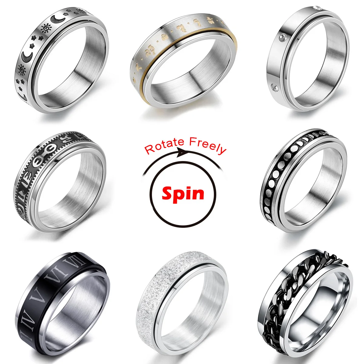 Spinning Spinner Ring For Men Women Anxiety Fidget Rings Stainless Steel Moon Star Roman Numerals Chain Rotating Ring 2021