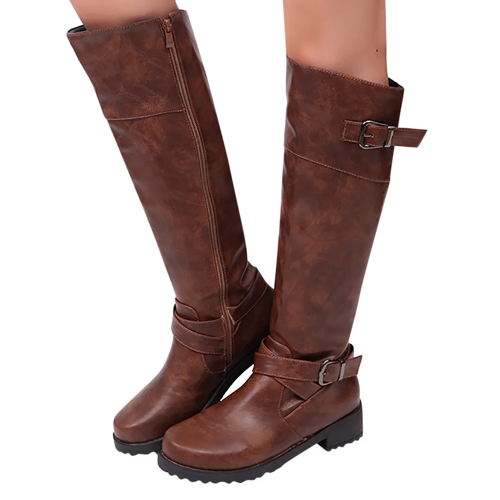 brown buckle knee high boots