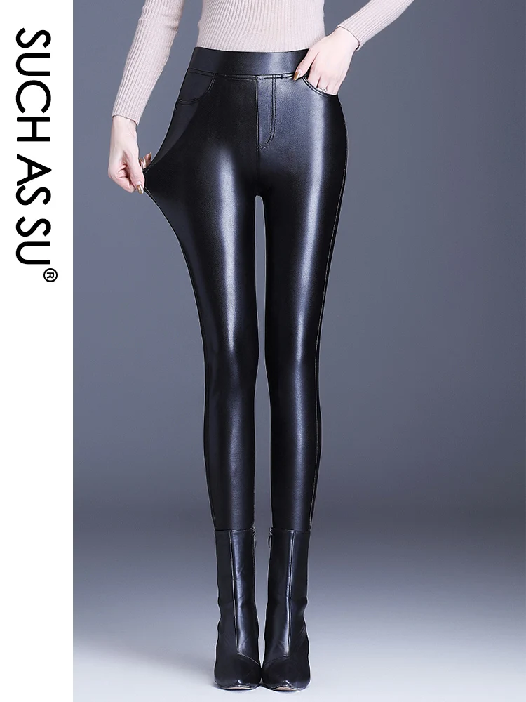 Snake Print Leather Pants Black High 