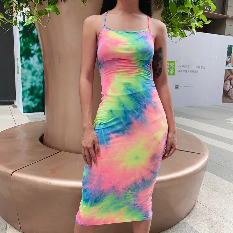 criss cross open back tie dye bodycon dress