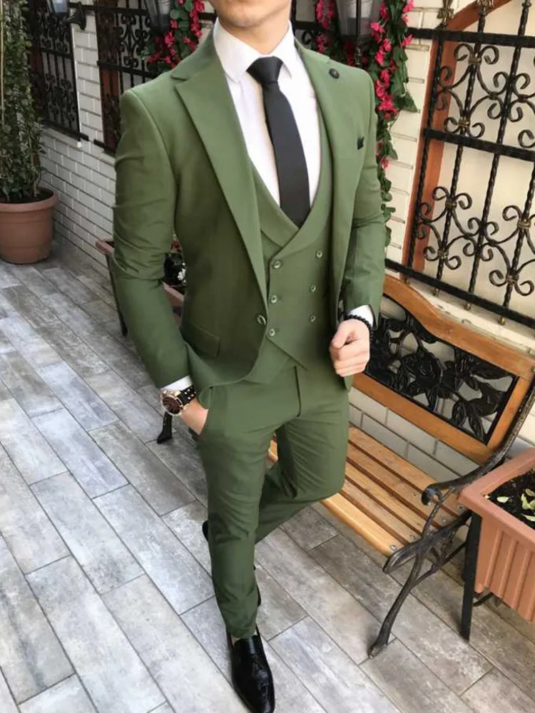 Custom Made Men Suits Olive Green Groom 