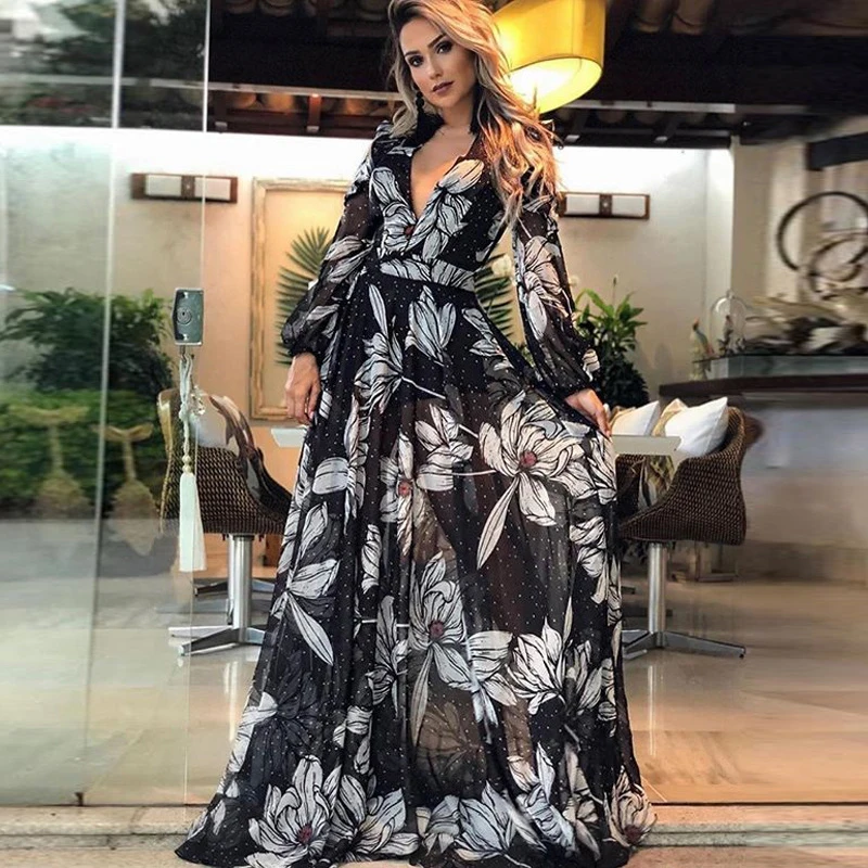 Bohemian Dress Sexy Deep V Long Sleeve 
