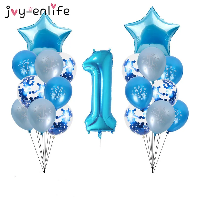 1 year Boy Birthday Blue Latex Balloons Confetti Set First 1st Birthday Baby Shower Boy Decorations Kids Happy Birthday Balloon