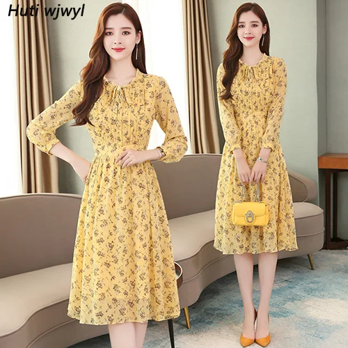 2022 Vintage Yellow Floral Chiffon Midi 