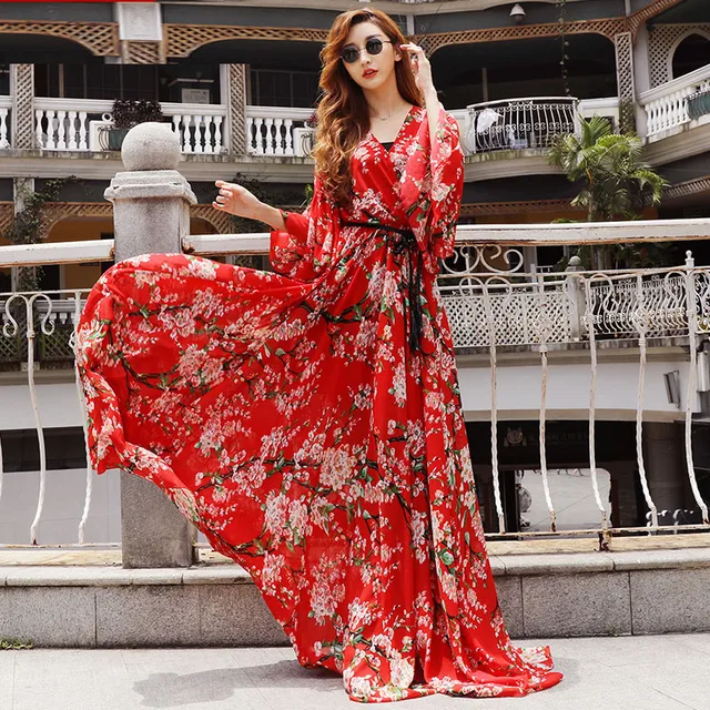 Maxi dress runway fashion women red 