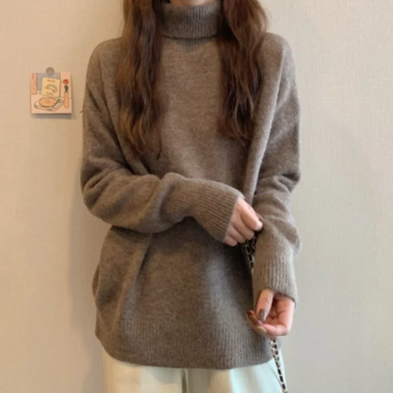 High Neck Sweater Women's Autumn and Winter New 2021 Loose Outer Wear Thickened White Sweater preview-2