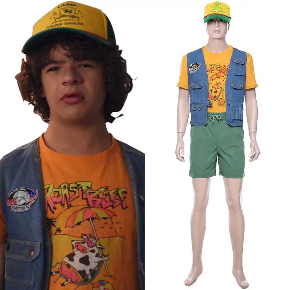 קנו תחפושות לפורים | Stranger Cosplay Things Dustin Henderson Costume Adult  Men Shirt Jeans Jacket Cap Hat Suit Halloween Carnival Costumes