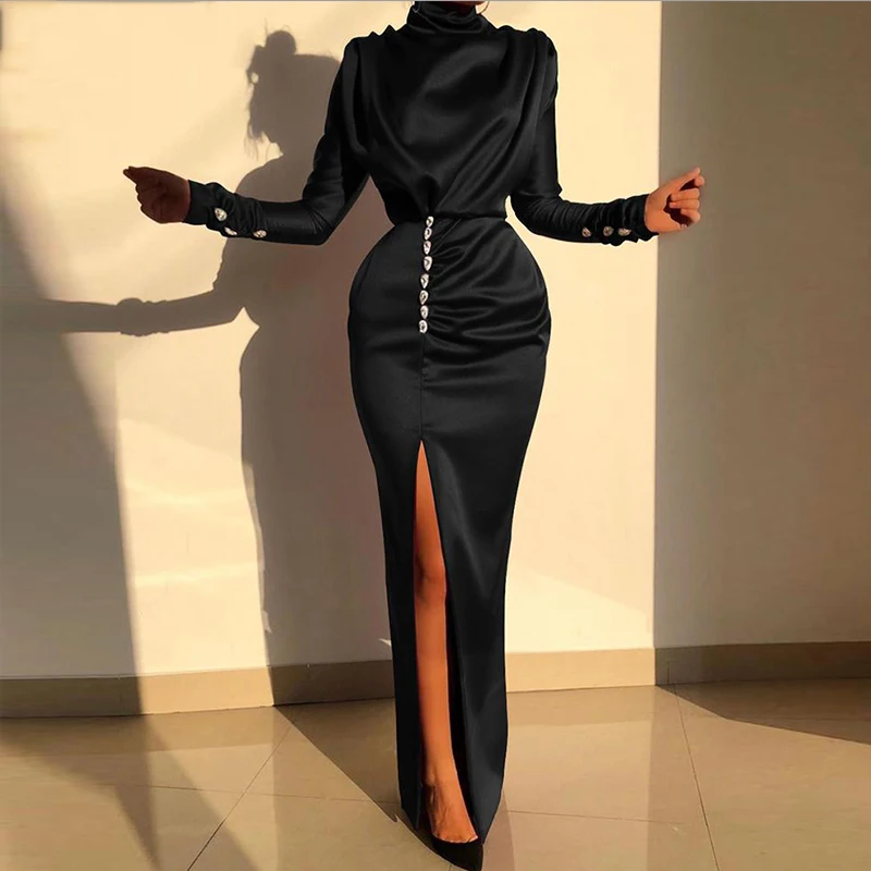 Elegant Long Sleeve Satin Dress Women 