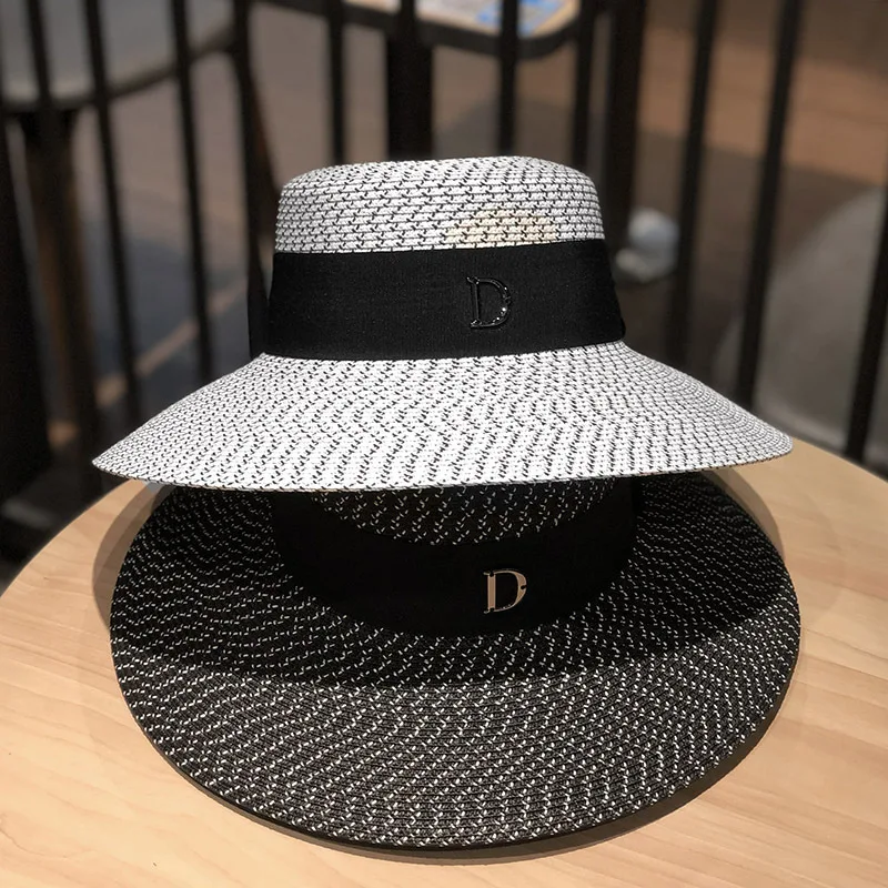 D Letter Round Flat Top Straw Beach Hat 