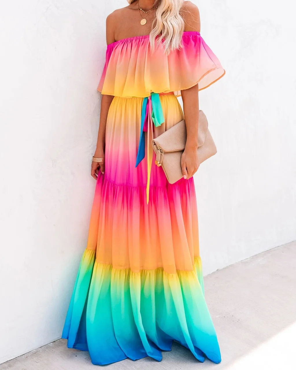 Women Off Shoulder Ombre Color Chiffon 