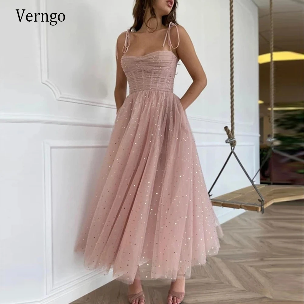 pink tulle tea length dress