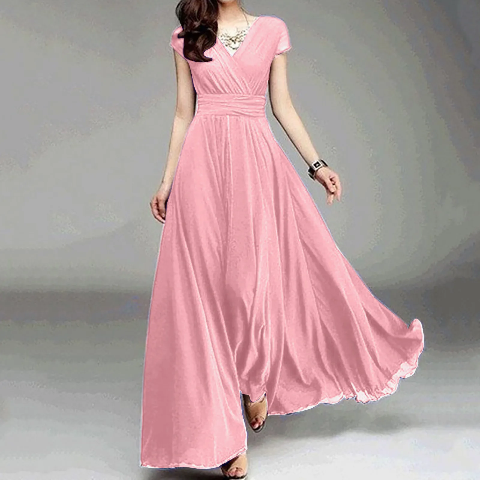 V-neck Solid Color Dress Women Chiffon 