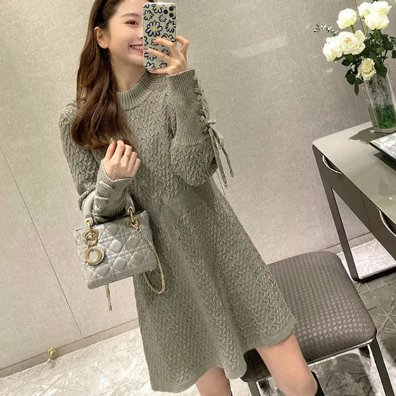 Agora Foremata Winter Knit One Piece Dress Korean Casual Long Sleeve Elegant Mini Dress Women Lace Up Sweet Office Sweater Dress 21 Spring