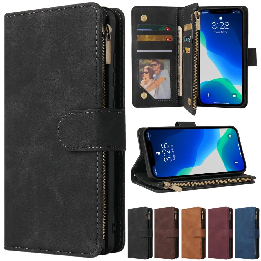 Multi Card Slots Case for iPhone 13 12 11 Pro Max Wallet Case Zipper Flip Leather Cover For iPhone 6 6S 7 8 Plus X XS Max XR