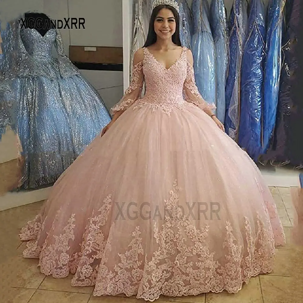 Agora Foremata Gia Eidikh Peristaseis 2021 New Pink Quinceanera Dress Ball Gown Lace Up Sweet 16 Dress For 15 Years Formal Prom Party Pageant Gown Long Puffy Sleeves