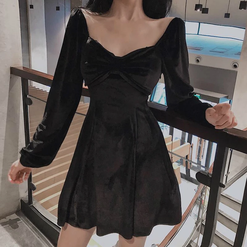 Long Sleeve Dress Women Velour Solid 