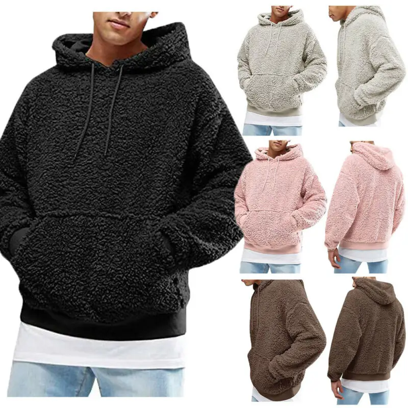 Agora Foyter Kai Mpoyfan Mens Winter Warm Faux Fur Teddy Bear Hoodies Long Sleeve Hooded Pullover Tops One Piece Jumper Sweatshirts