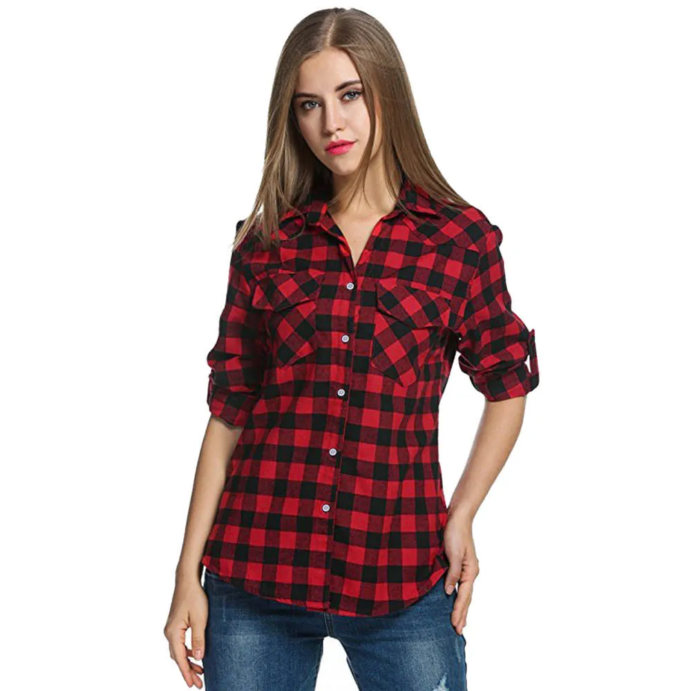 Shirt For Women Turn-down Collar Tartan 