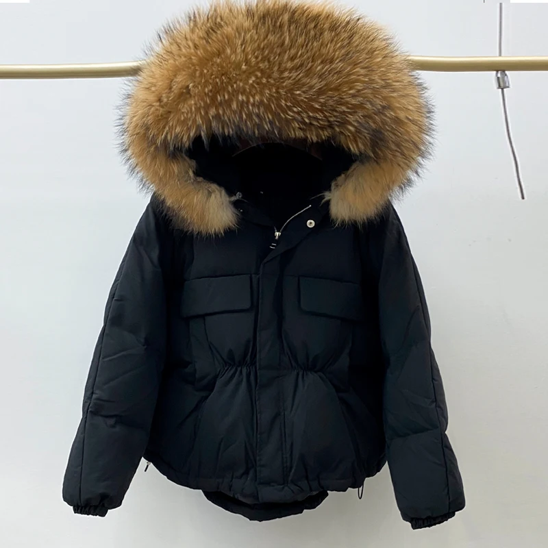 puffer jacket with large fur hood