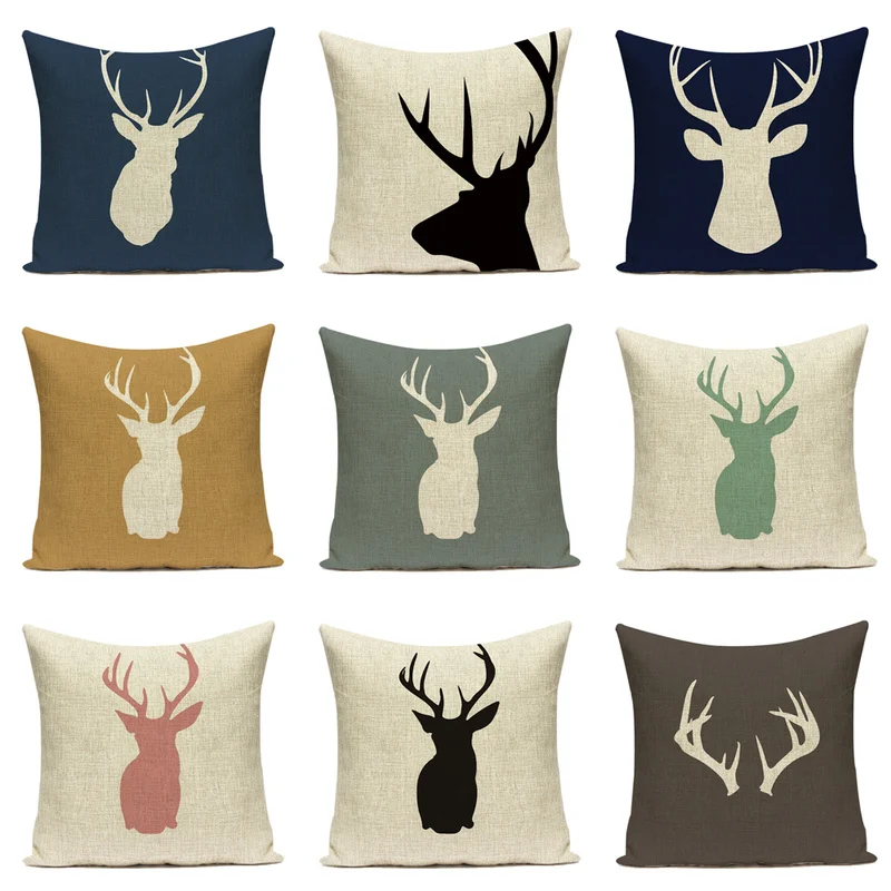 קנו טקסטיל לבית  High Quality Cushion Covers Scandinavian Antlers Deer  Pillowcases custom Linen Home Sofa Decorative Animal Pillow Cover