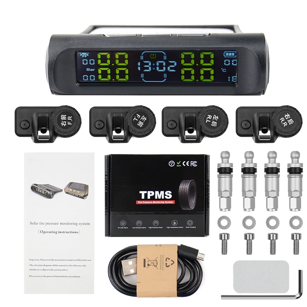 EUGNN Tire Pressure Monitoring System TPMS Solar Power Universal Wireless with 4 External Sensors Real-time Display Tires Pressure & Temperature 