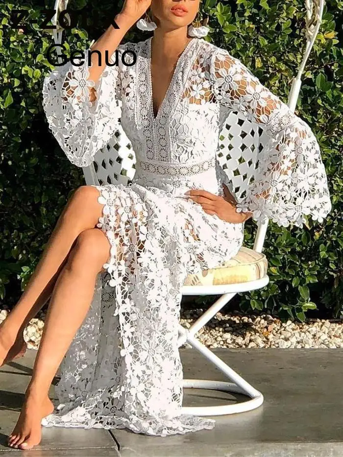 Women Dresses Lace Dress Flare Sleeve V 
