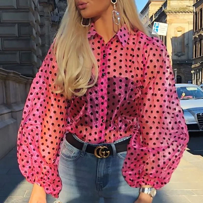 Elegant Women Mesh Sheer Blouse See 