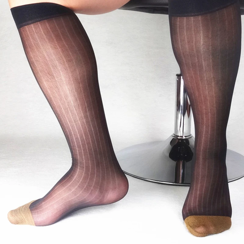Men's Wide Striped Toe Sheer Dress Socks Silk High Thin Breathable Socks 