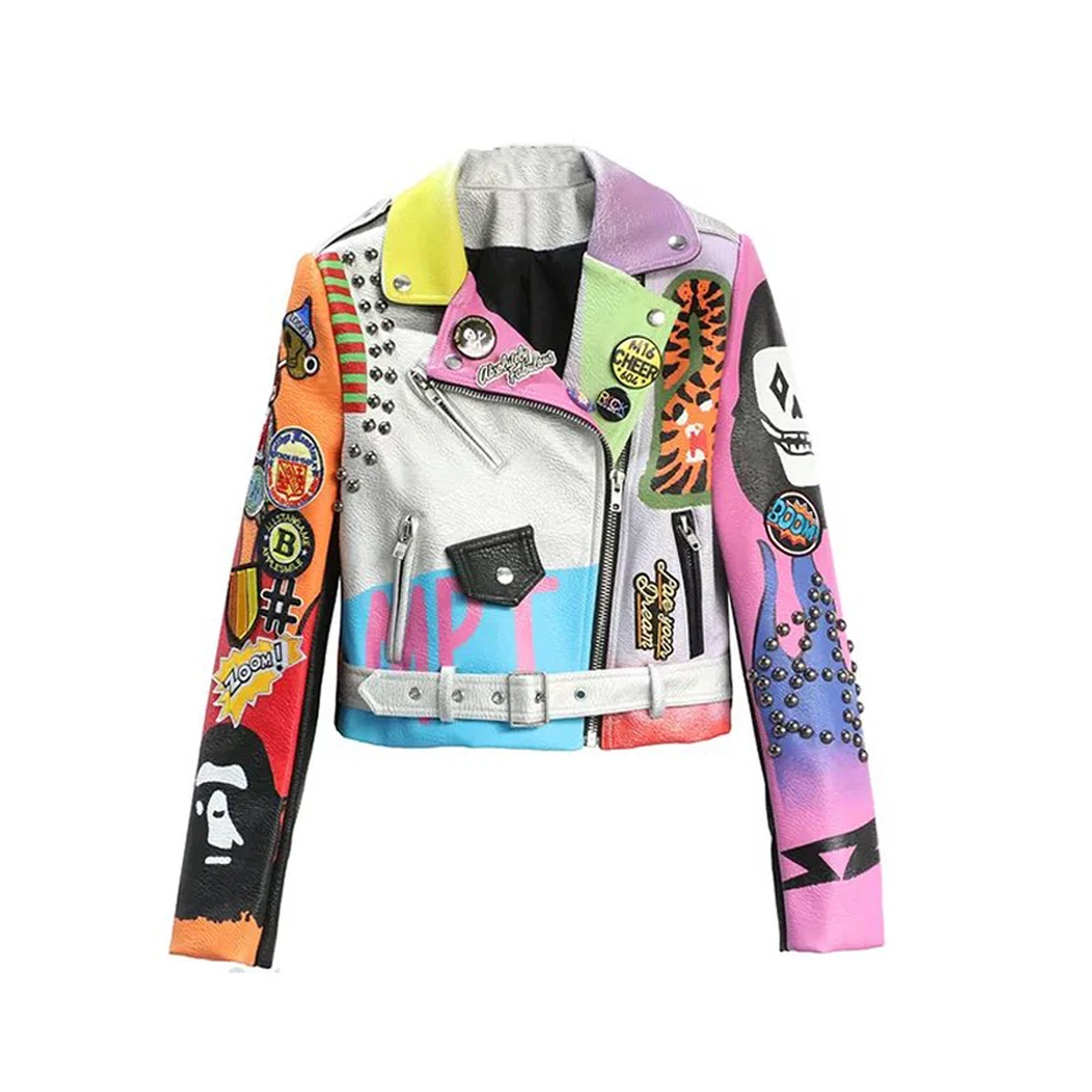 Fashion rivet beading pu leather jacket 
