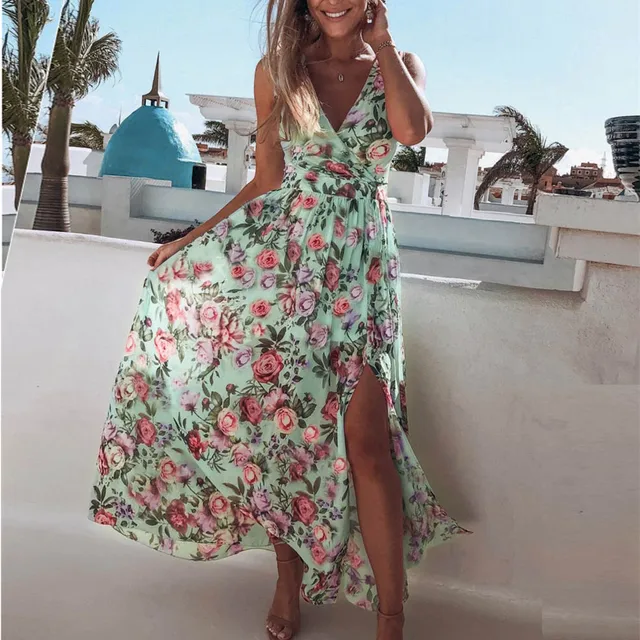 Summer Beach Maxi Dress Women Floral 