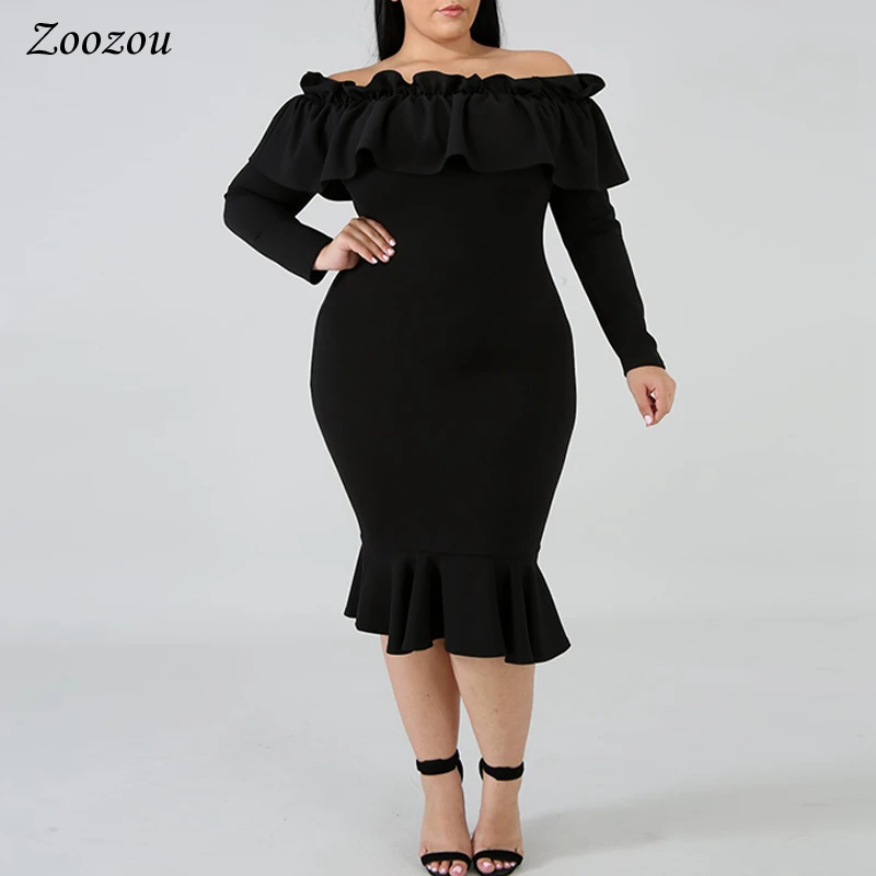 Shoulder Ruffles Plus Size Dress Women 