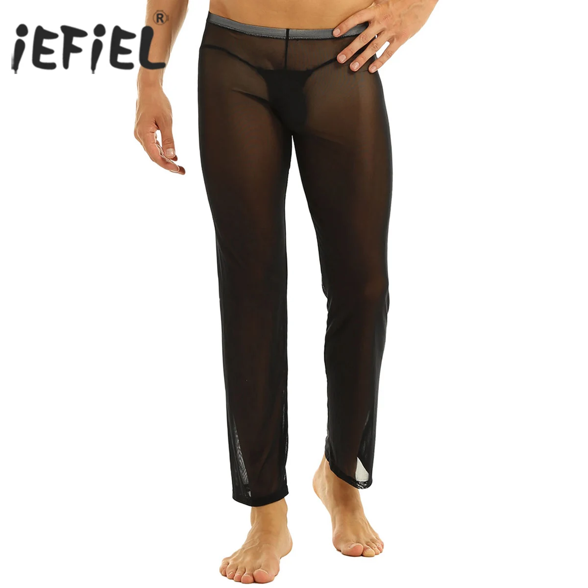 iEFiEL Lingerie Male Sexy Gay Mens Pants Mesh Transparent Gym Long Trousers Underwear See through Wetlook