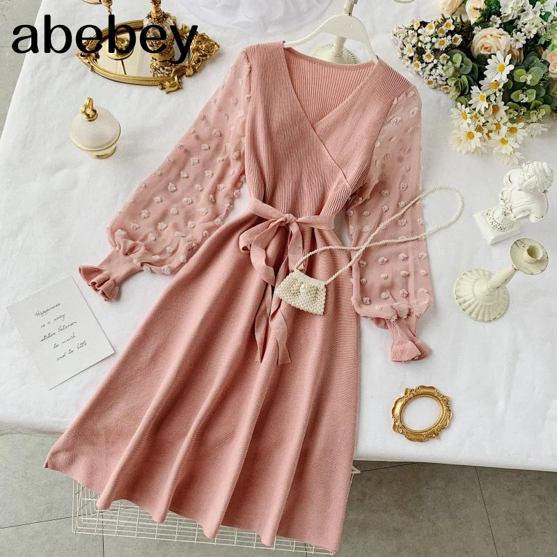 Romantic Women Knitted Pink Party Dress 